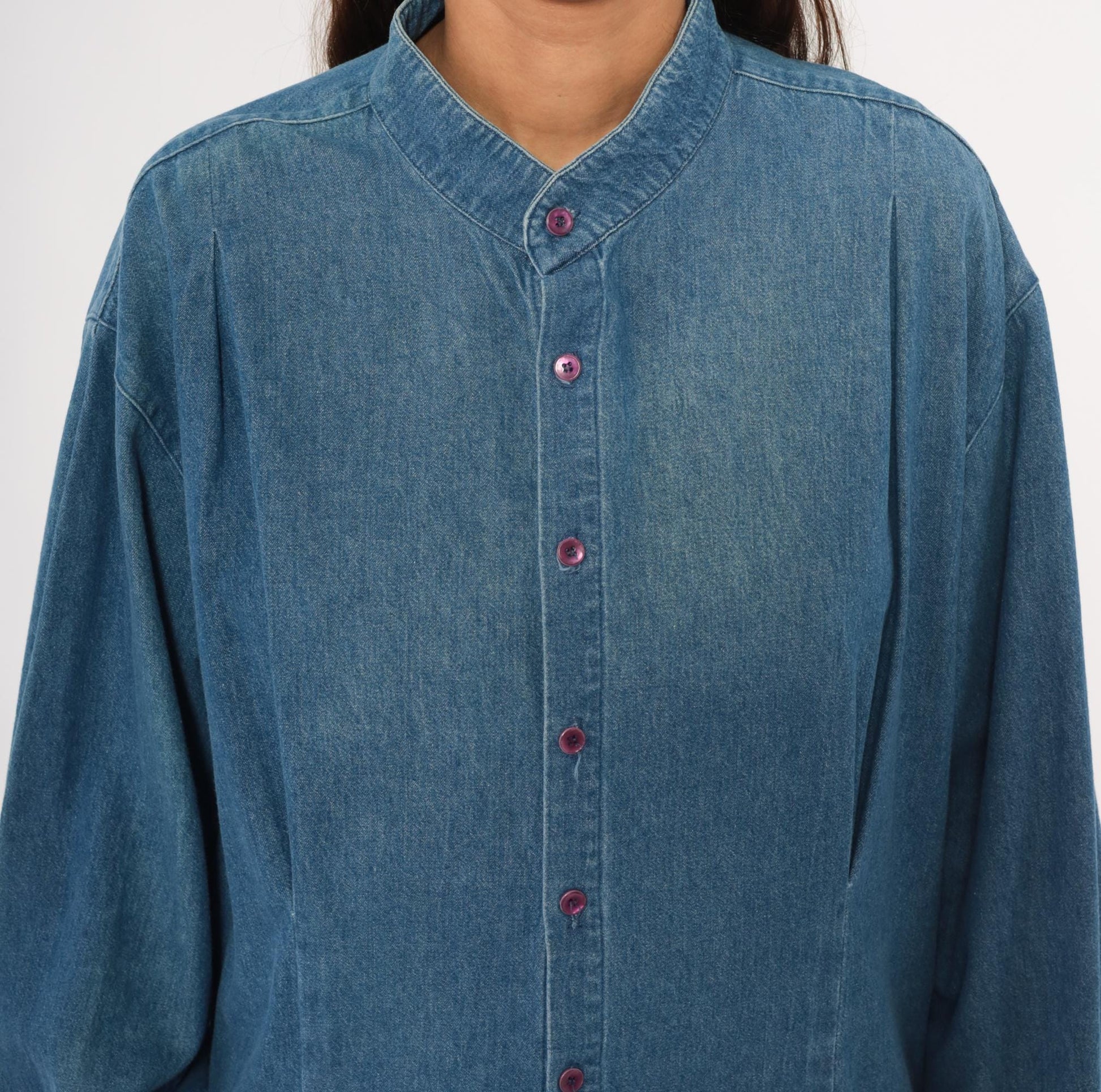 90s International Male Denim Shirt Mandarin Collar Button Front Blue Chambray Large L