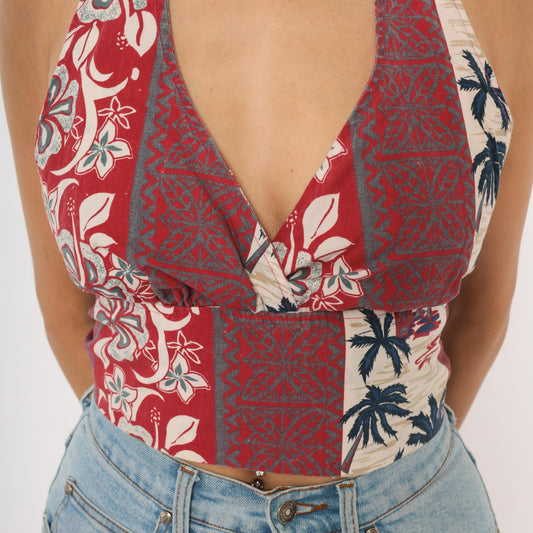 Y2K Hawaiian Halter Crop Top Tropical Print Red Navy Cream Small S