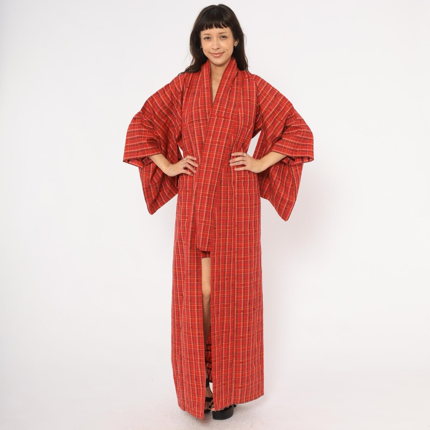 70s Red Plaid Wool Kimono Robe Floor Length Open Front Tartan Duster