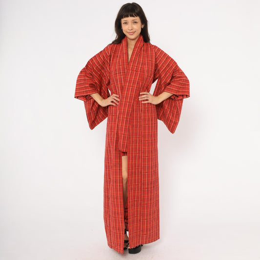 70s Red Plaid Wool Kimono Robe Floor Length Open Front Tartan Duster