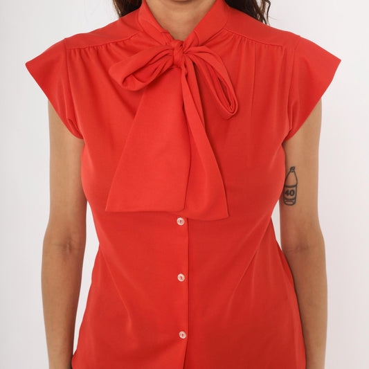 70s Red Bow Neck Blouse Cap Sleeve Button Front Polyester Small S
