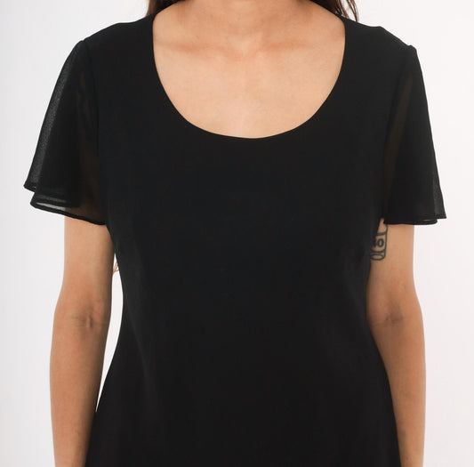 90s Black Knee-Length Chiffon Dress Flutter Sleeve Tiered Hem Medium
