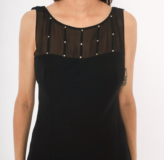 90s Evan-Picone Black Rhinestone Mesh Yoke Knee-Length Dress Medium M