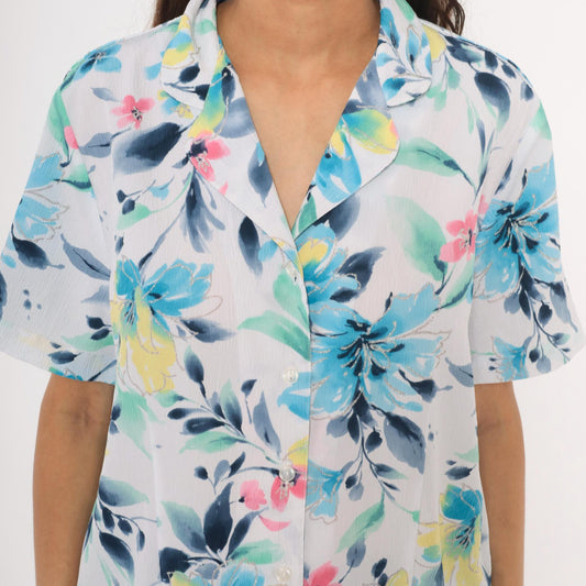 90s Alfred Dunner Watercolor Floral Camp Collar Blouse Blue Pink Yellow Extra Large XL