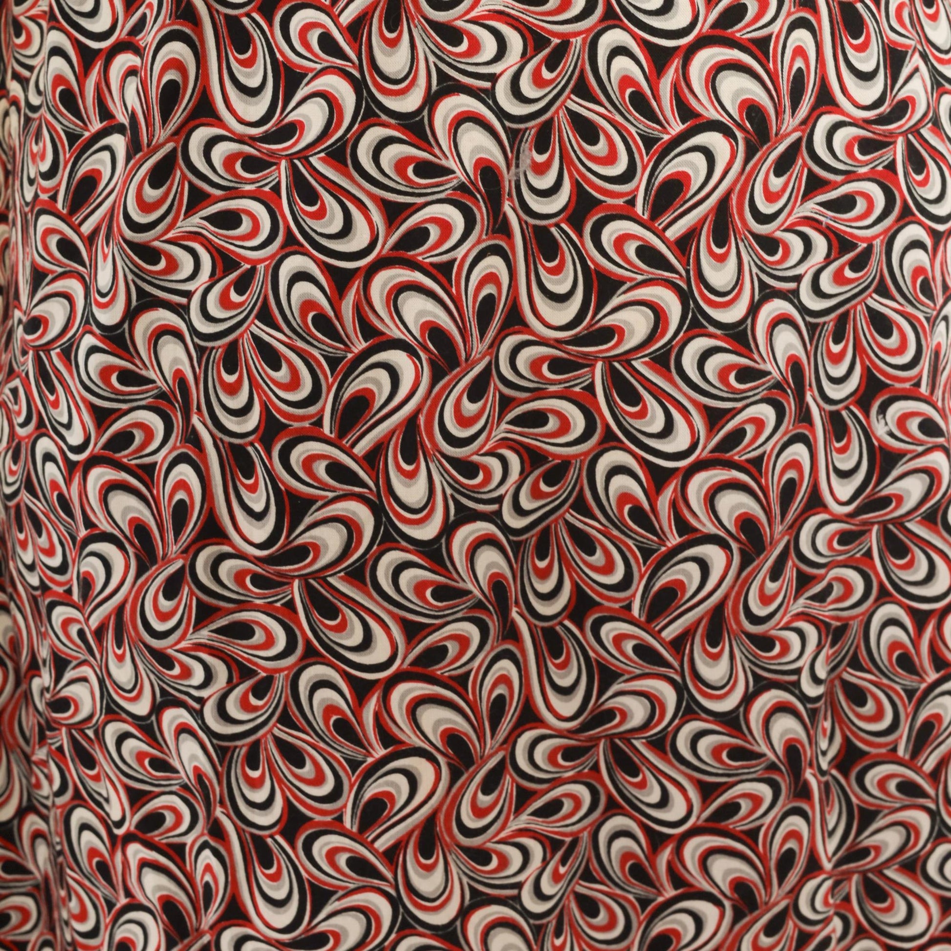 90s Psychedelic Swirl V-Neck Puff Sleeve Dress Red Black White Cotton Large L
