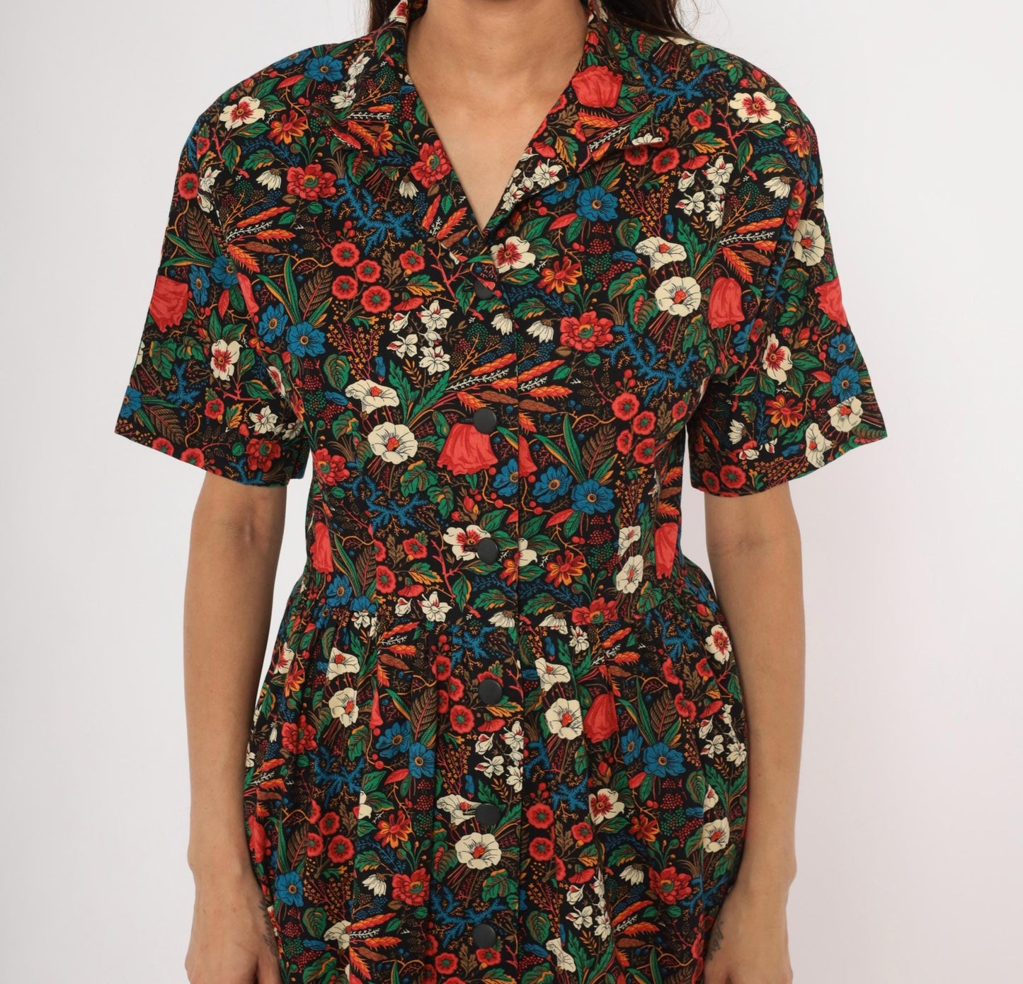 80s Black Floral Shirtdress Cotton Botanical Print Fitted Waist Small