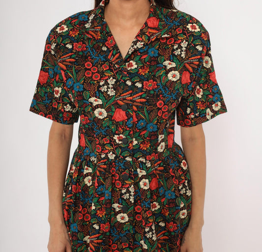 80s Black Floral Shirtdress Cotton Botanical Print Fitted Waist Small