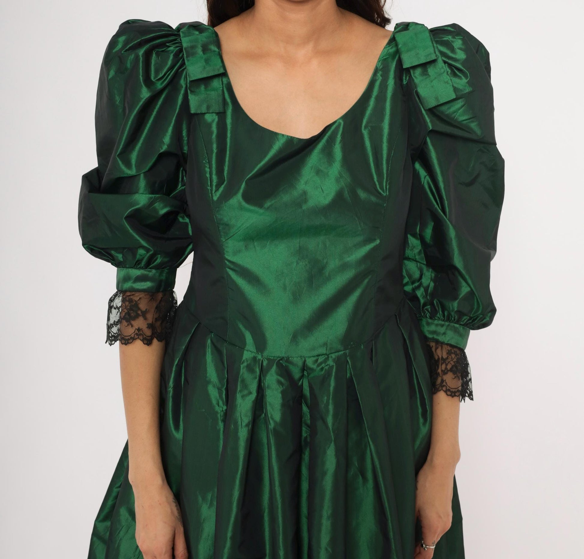 60s Emerald Taffeta Gown Puff Sleeve Forest Green Bow Shoulder Lace Cuff Large