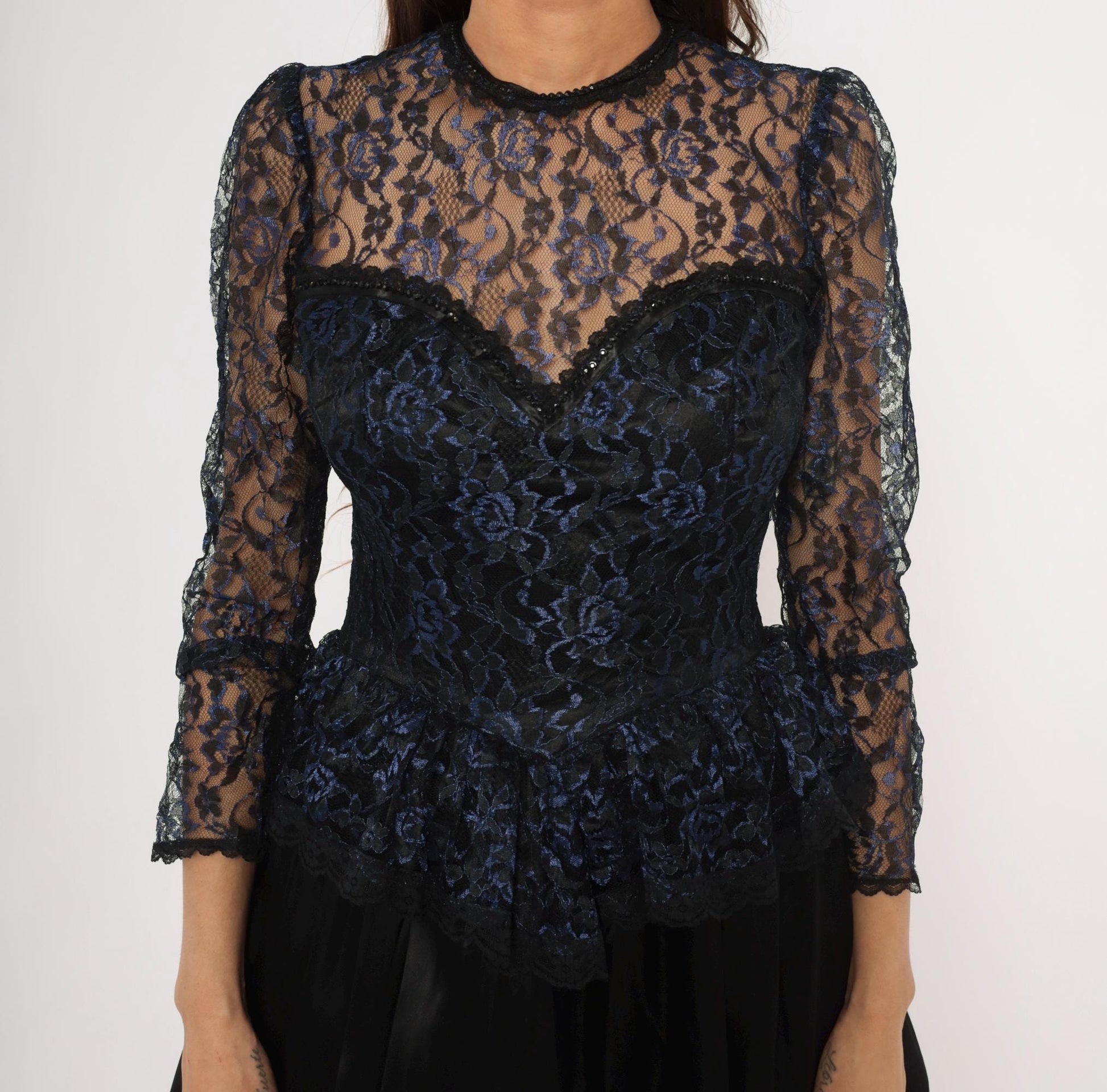 80s Gunne Sax Black Navy Floral Lace Peplum Sweetheart Gown Medium M