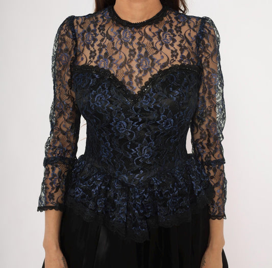 80s Gunne Sax Black Navy Floral Lace Peplum Sweetheart Gown Medium M