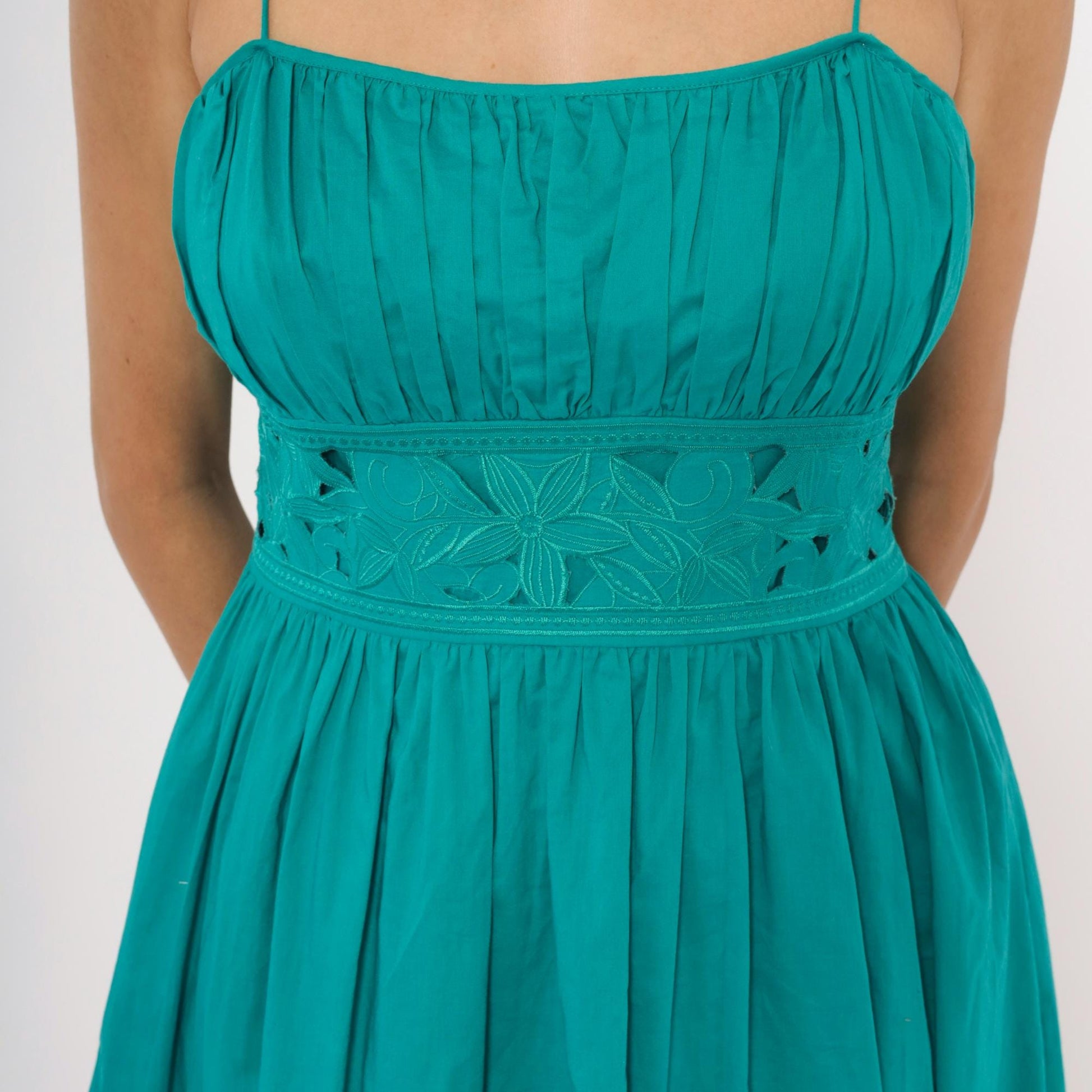 90s Jessica Howard Teal Midi Sundress Embroidered Eyelet Cotton Small
