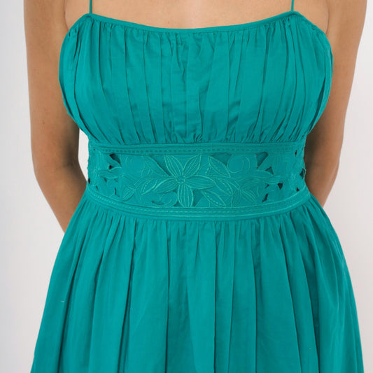 90s Jessica Howard Teal Midi Sundress Embroidered Eyelet Cotton Small