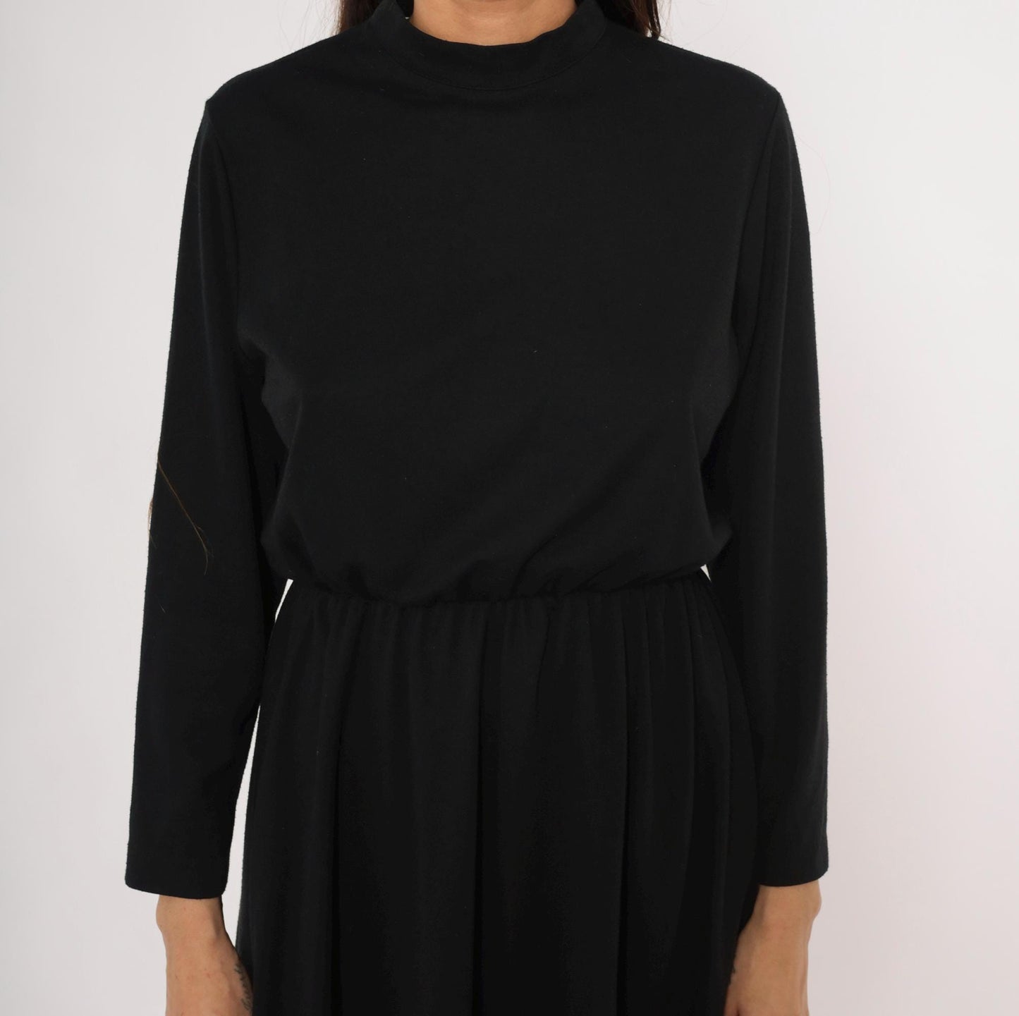 80s Philippe Marcel Black Mock Neck Dress Gathered Knee-Length Small Medium