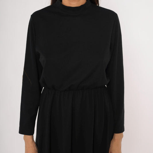 80s Philippe Marcel Black Mock Neck Dress Gathered Knee-Length Small Medium