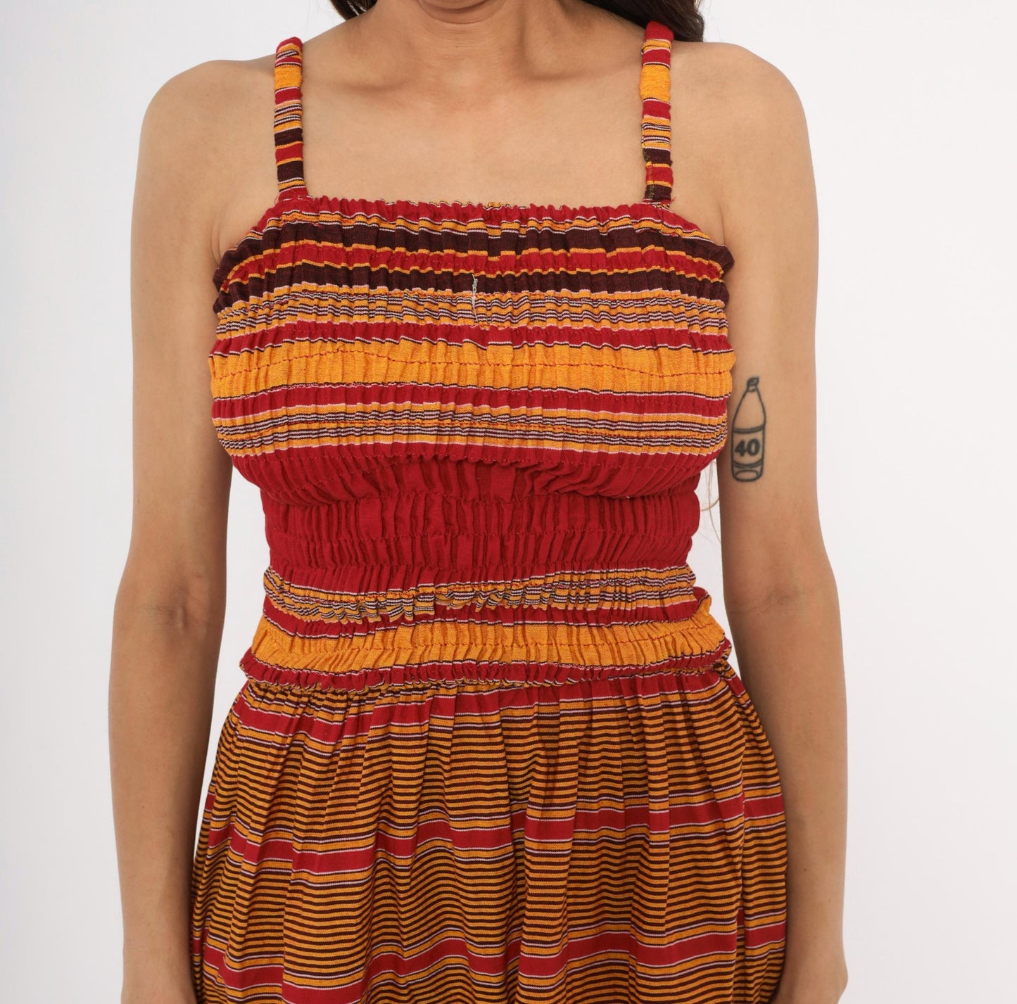 90s Striped Smocked Sundress Red Gold Fringe Hem Cotton Small