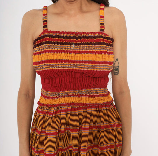 90s Striped Smocked Sundress Red Gold Fringe Hem Cotton Small