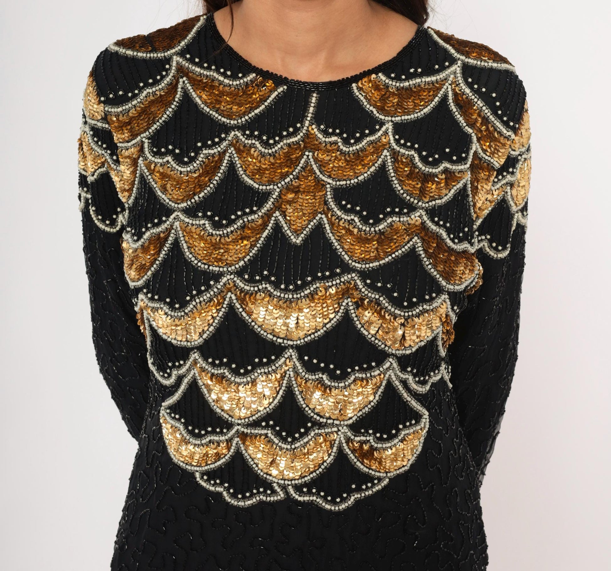 90s Carina Black Silk Mini Dress Gold Sequin Scallop Beaded Art Deco Large Petite