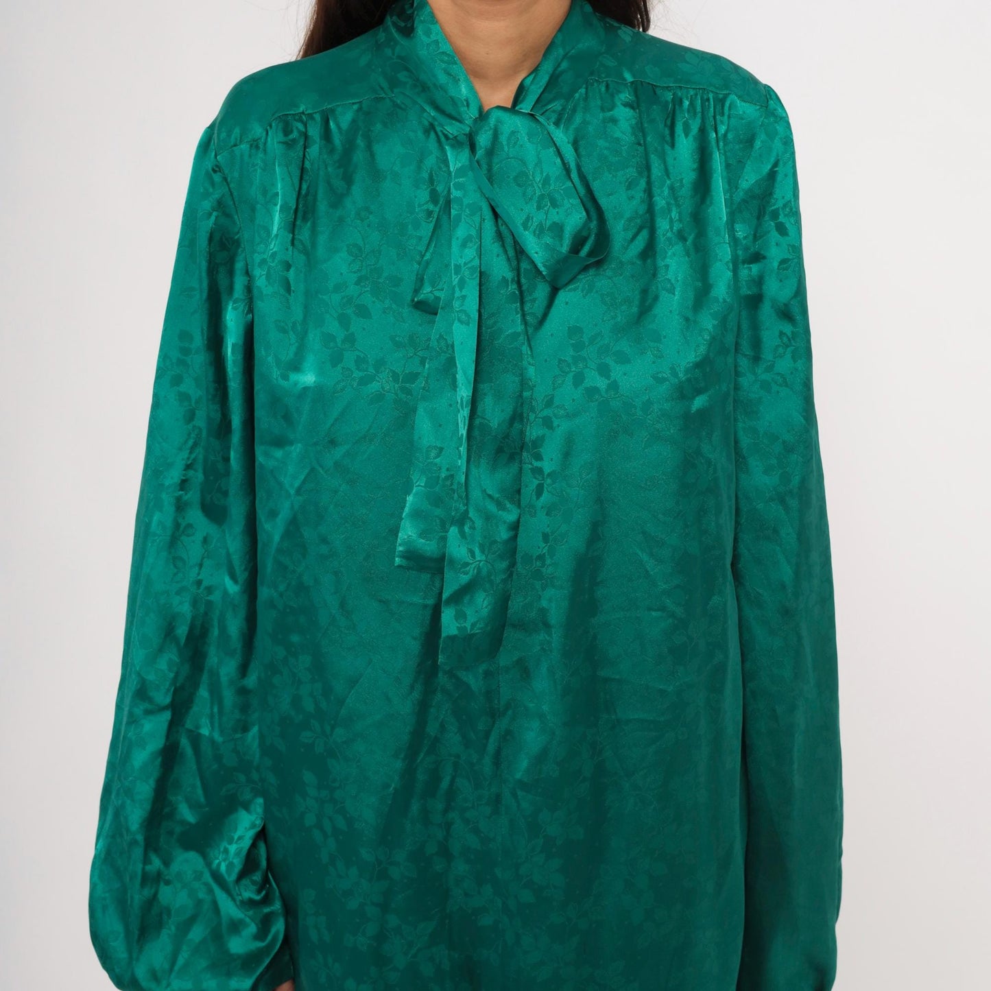 90s Teal Jacquard Maxi Dress Pussy Bow Balloon Sleeve Damask Emerald Extra Large