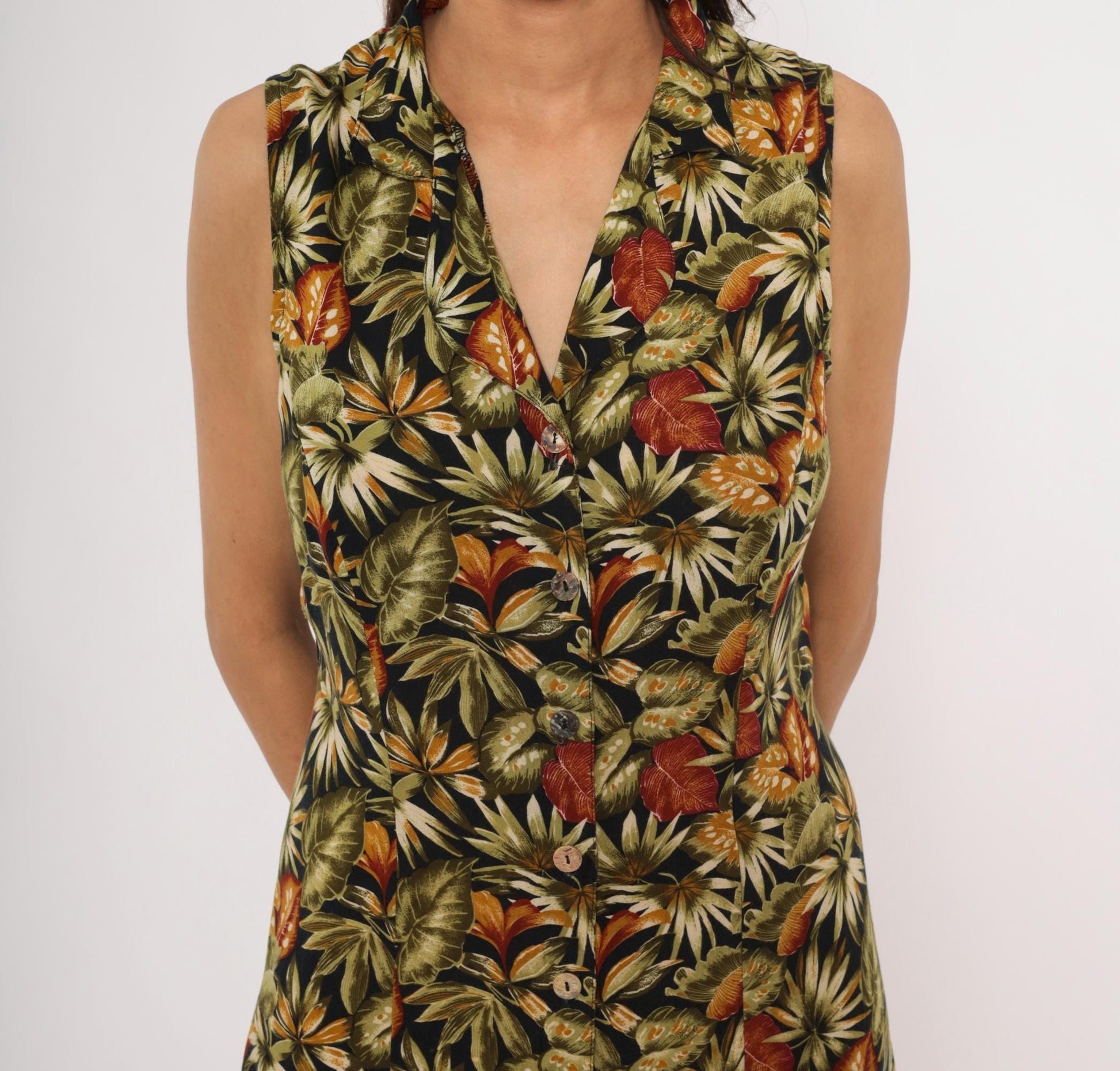 90s Teddi Tropical Leaf Maxi Dress Sleeveless Olive Green Medium M