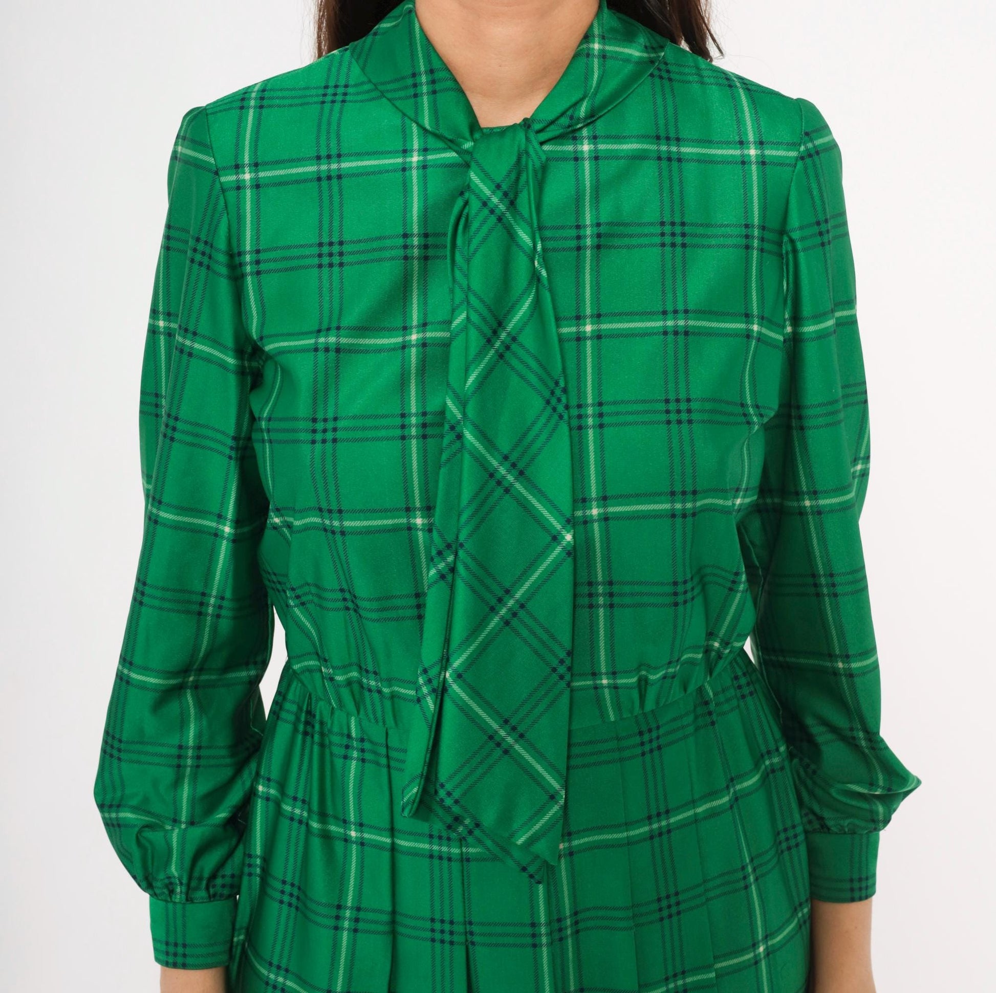 70s Nat Kap Lan Emerald Plaid Dress Pussy Bow Knee-Length Medium M