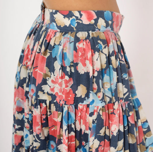 80s Navy Floral Tiered Cotton Midi Skirt Watercolor Print Large L