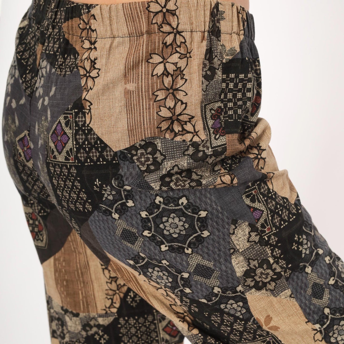 90s Patchwork Print Wide Leg Trousers Black Floral Geometric Elastic Waist Medium M