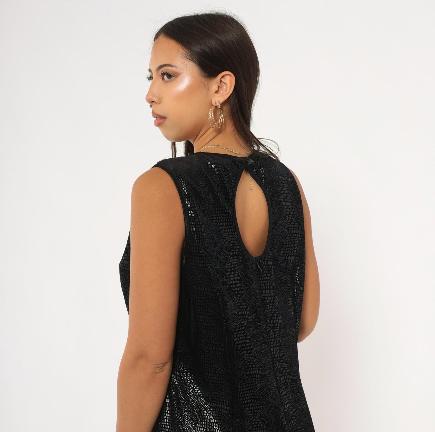 90s Robbie Bee Black Snakeskin Shift Dress Keyhole Back Knee Length Large L