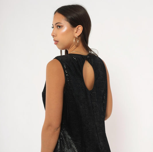 90s Robbie Bee Black Snakeskin Shift Dress Keyhole Back Knee Length Large L