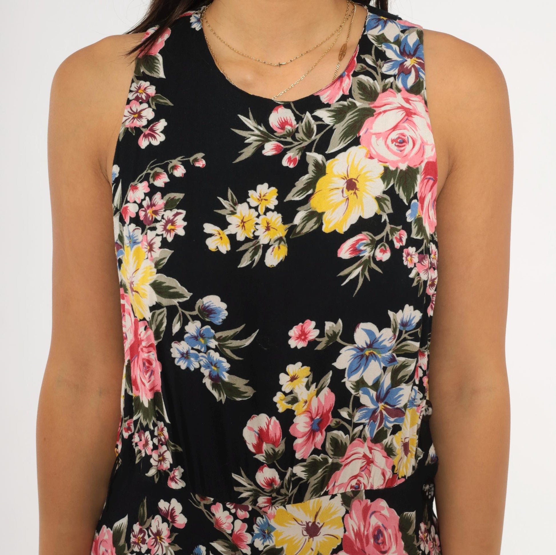 90s Style Works Floral Maxi Dress Black Pink Rose Yellow Blue Sleeveless Medium M