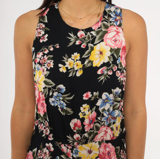 90s Style Works Floral Maxi Dress Black Pink Rose Yellow Blue Sleeveless Medium M