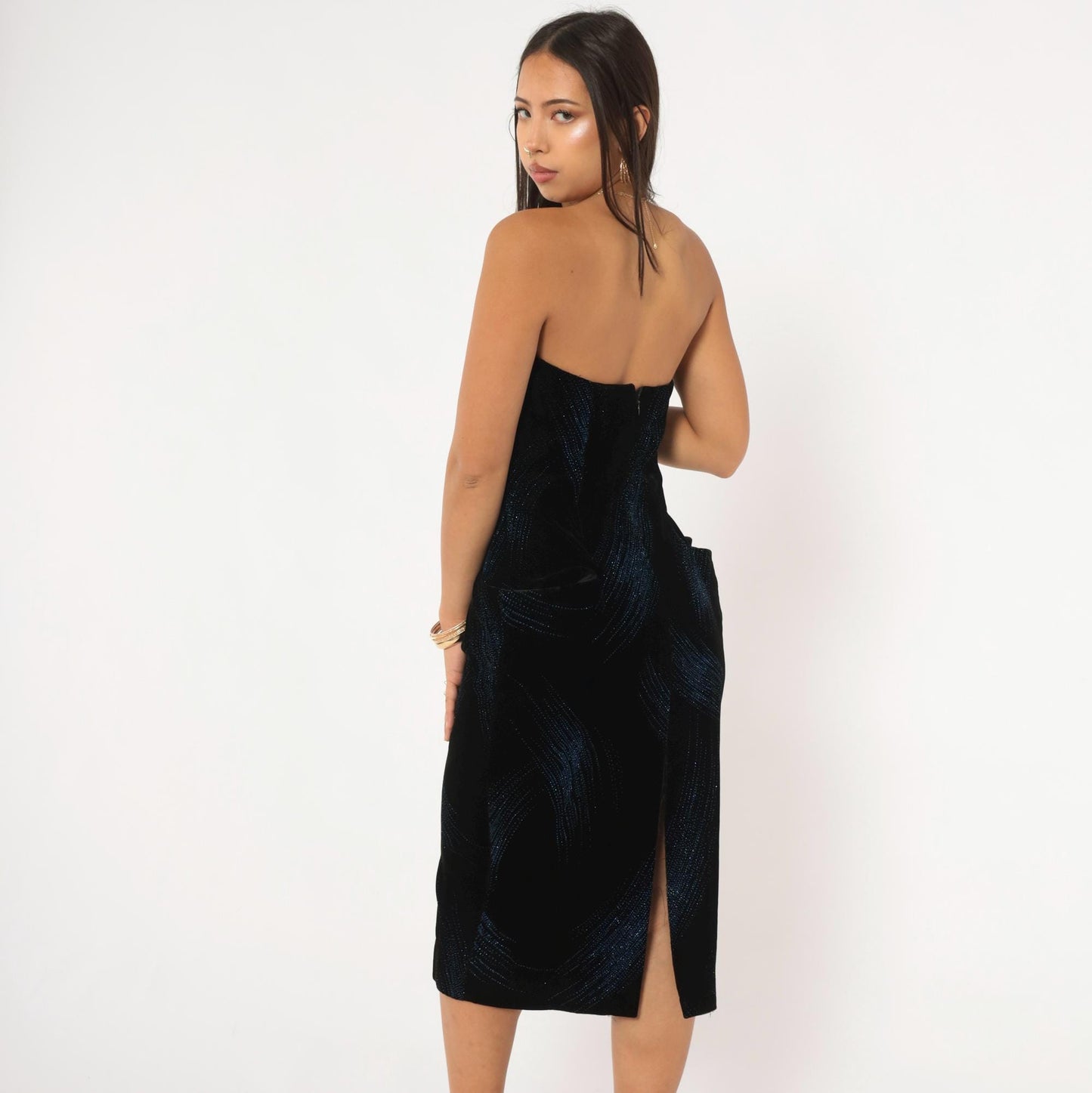 90s A.J. Bari Black Velvet Strapless Dress Blue Glitter Stripe Knee Length Small