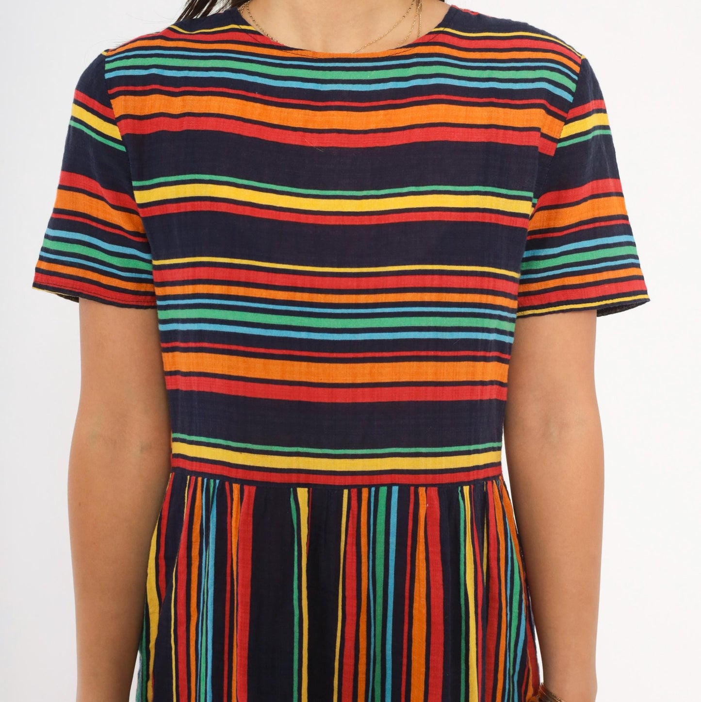 2000s Rainbow Stripe Maxi Dress Navy Multicolor Tiered Skirt Medium M