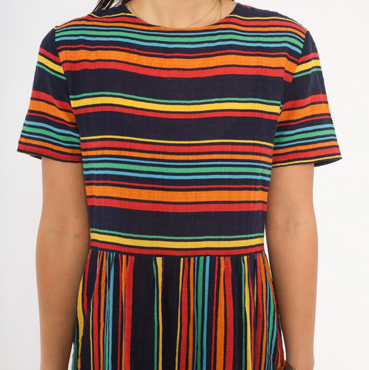 2000s Rainbow Stripe Maxi Dress Navy Multicolor Tiered Skirt Medium M