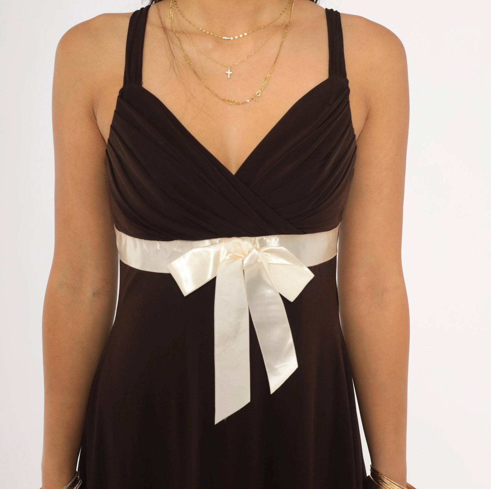 Y2K My Michelle Chocolate Brown Mini Dress Satin Bow Empire Waist Medium M