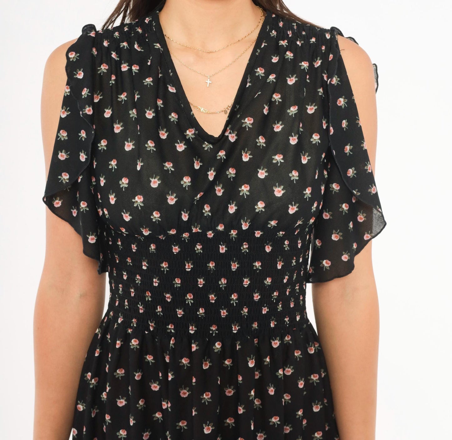70s Act 1 New York Floral Midi Dress Flutter Sleeve Black Rose Print Small Medium