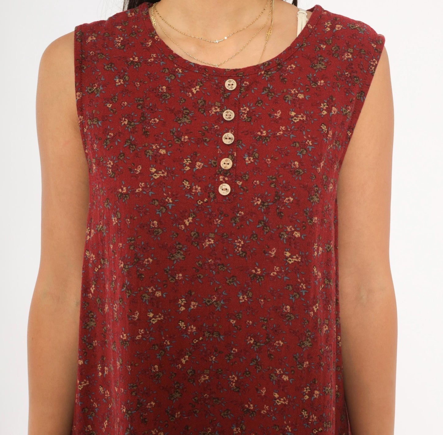 00s Burgundy Floral Ditsy Midi Dress Sleeveless Cotton Shift Small Medium