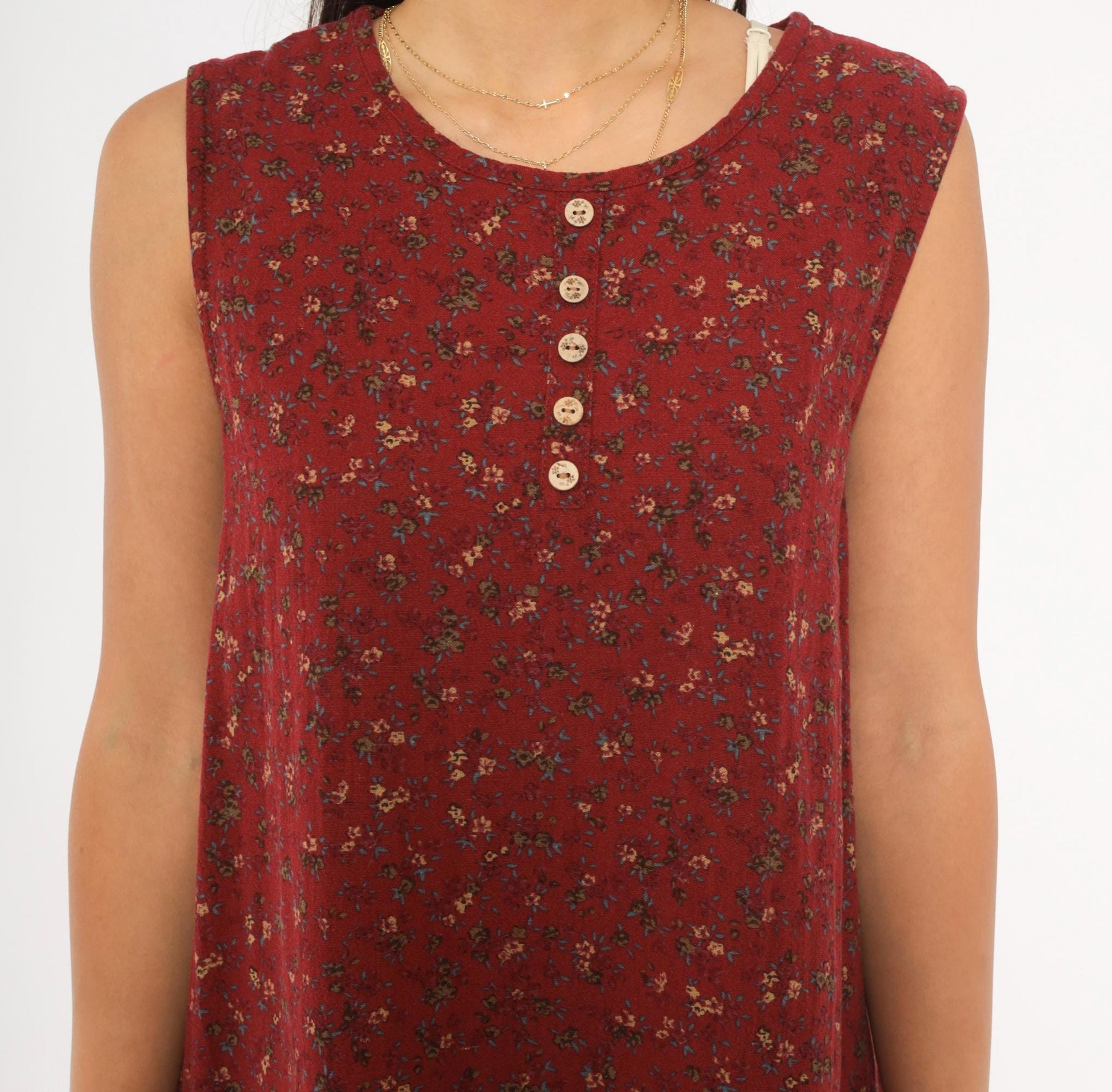 00s Burgundy Floral Ditsy Midi Dress Sleeveless Cotton Shift Small Medium