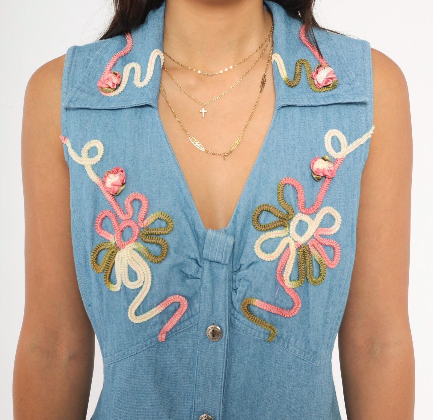 90s Midnite Light Blue Denim Maxi Dress Floral Embroidery Collared Medium M