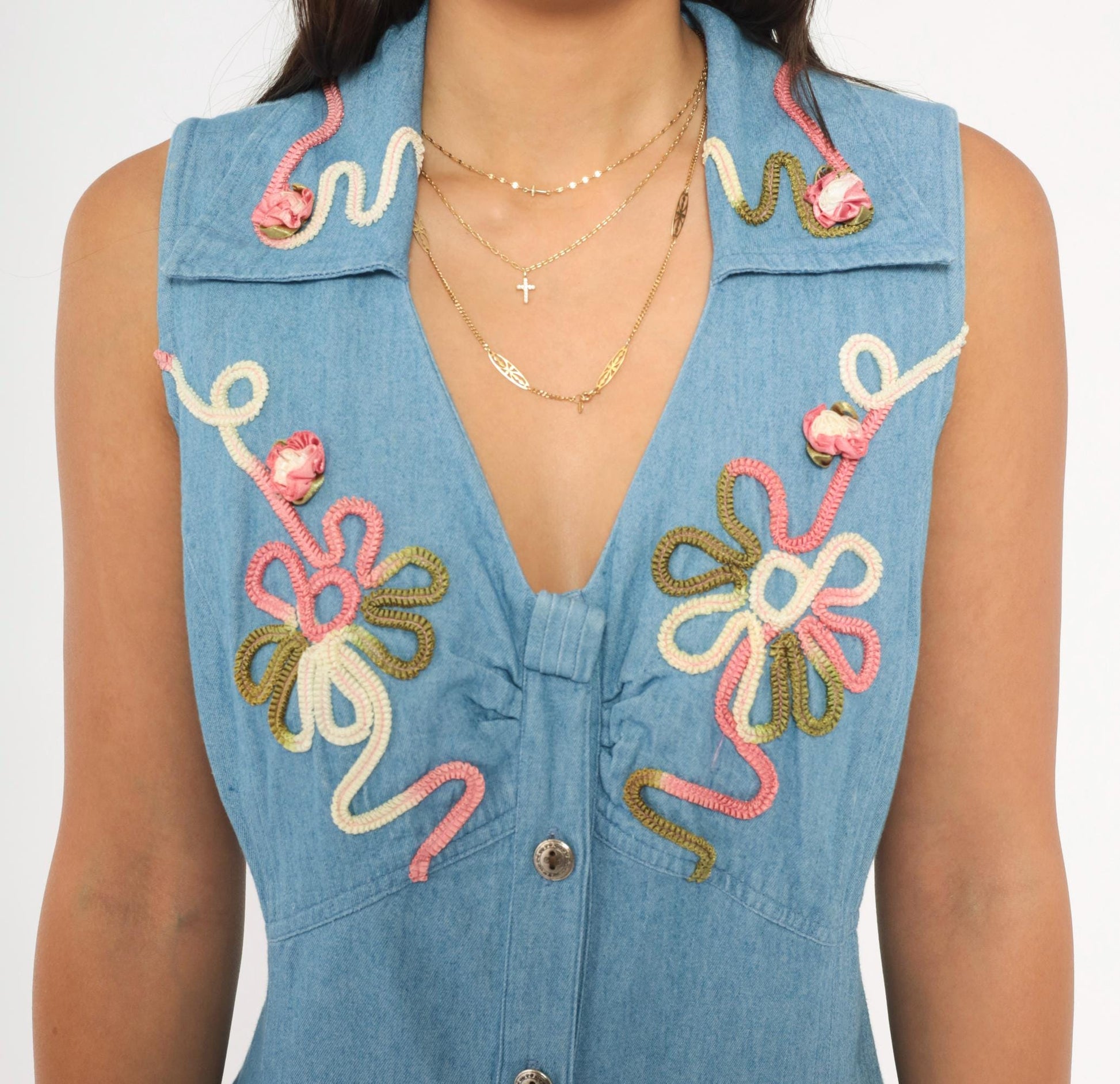 90s Midnite Light Blue Denim Maxi Dress Floral Embroidery Collared Medium M