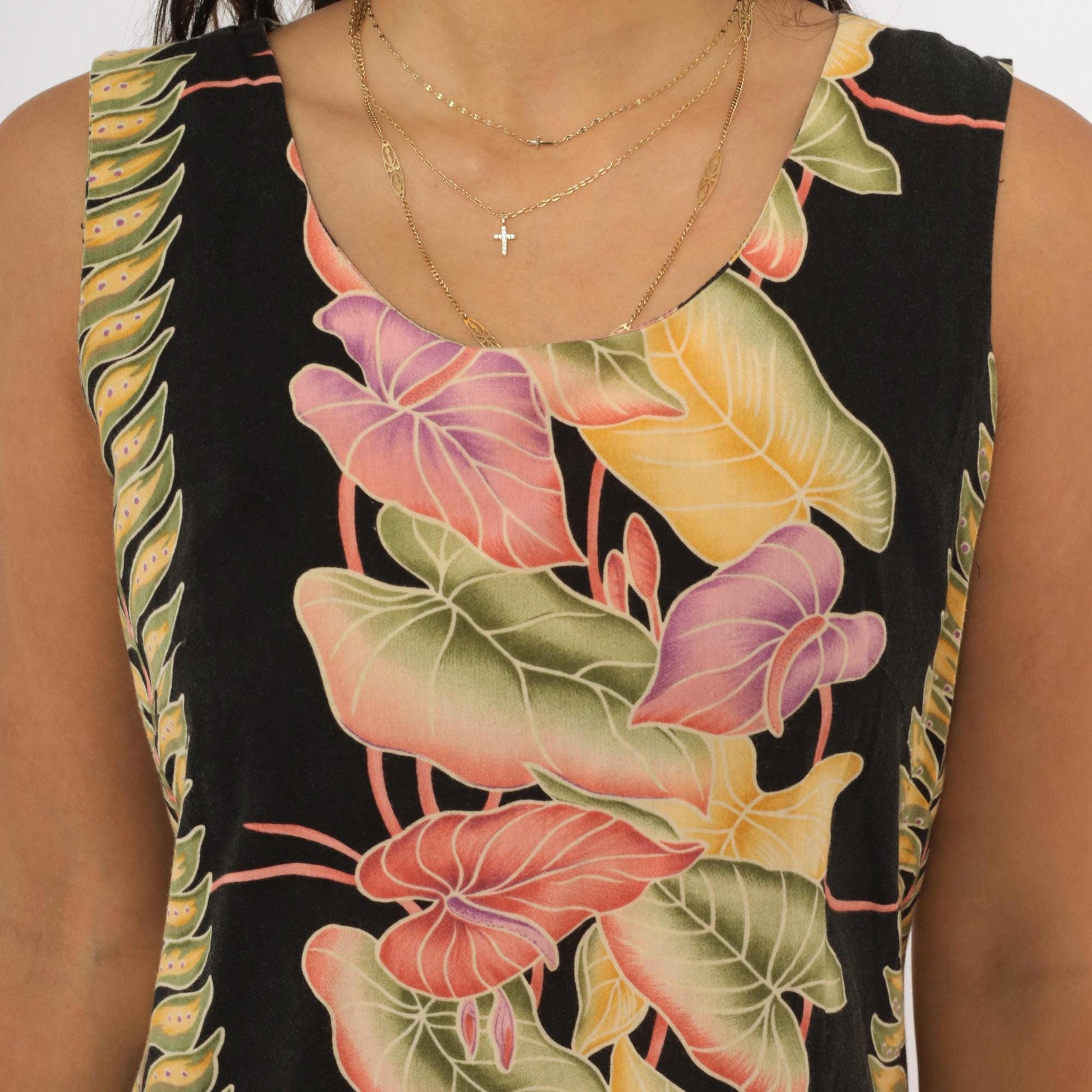 90s Kalaheo Hawaiian Shift Dress Black Tropical Floral Mini Small S