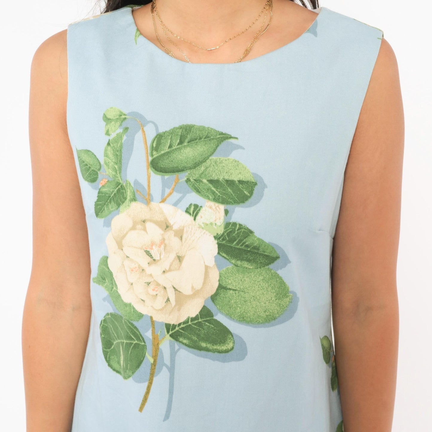 2000s Chris Kellogg Sky Blue Floral Shift Dress Botanical Rose Print Knee Length Medium M