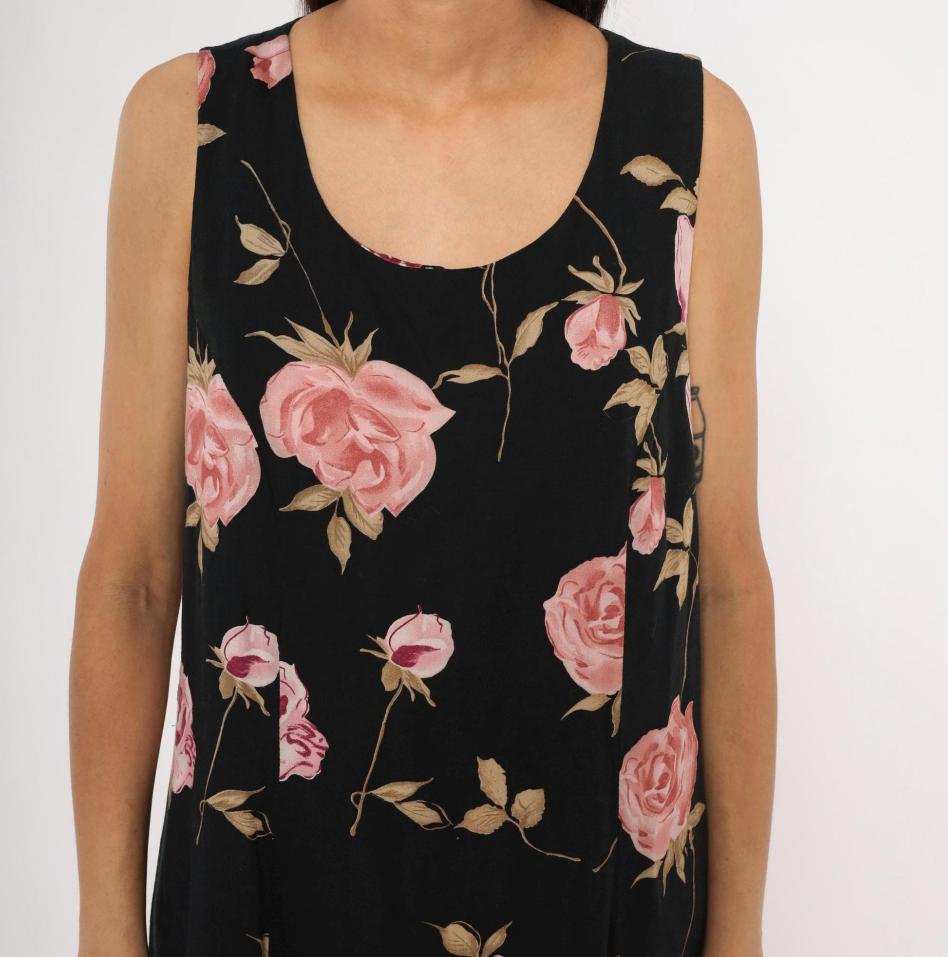 90s Jodi Michaels Rose Print Maxi Dress Black Pink Sleeveless Large L