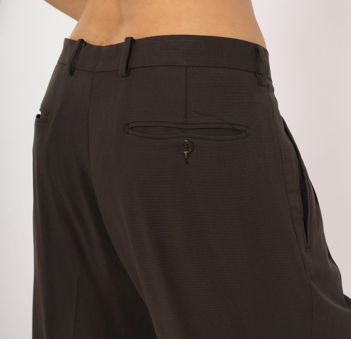 70s Wool Pleated Trousers Brown Micro-Check Wide Leg Dress Pants 36x33