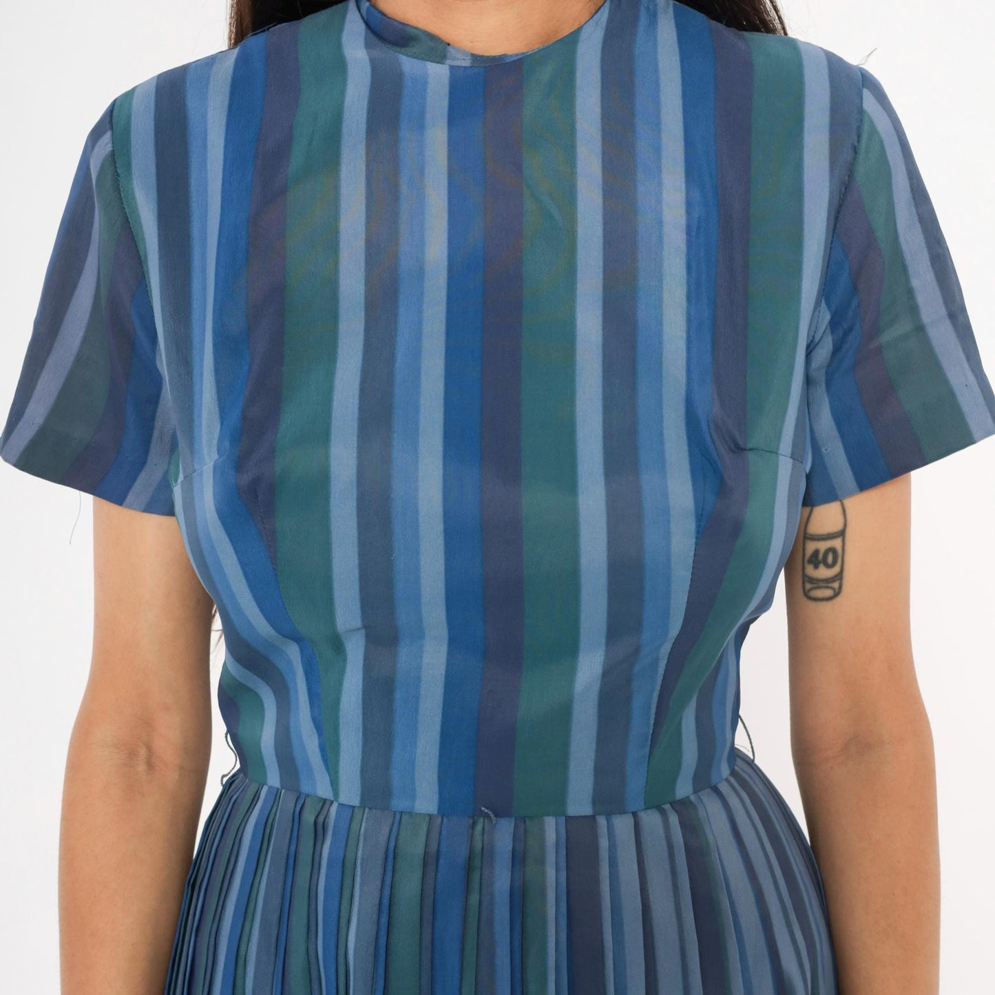 60s Stacy Ames Striped Pleated Midi Dress Navy Teal Crew Neck Small