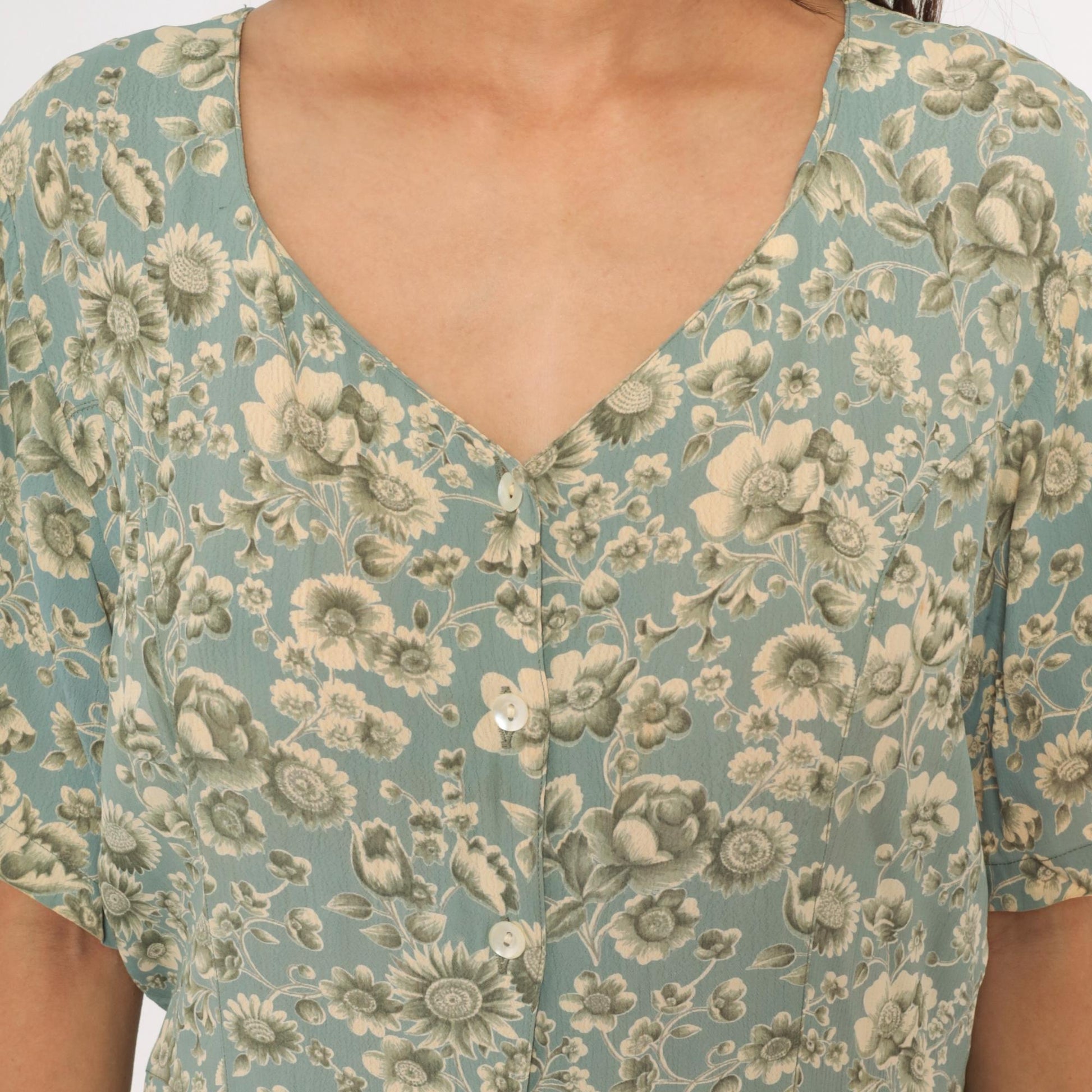 90s April Cornell Floral Maxi Dress Teal Cream V-Neck Short Sleeve Large L