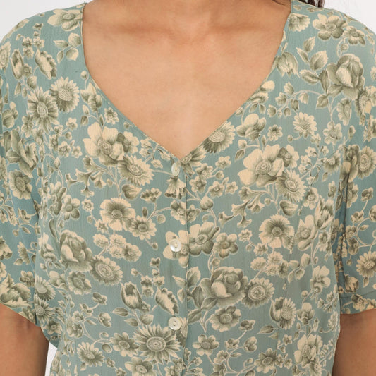 90s April Cornell Floral Maxi Dress Teal Cream V-Neck Short Sleeve Large L