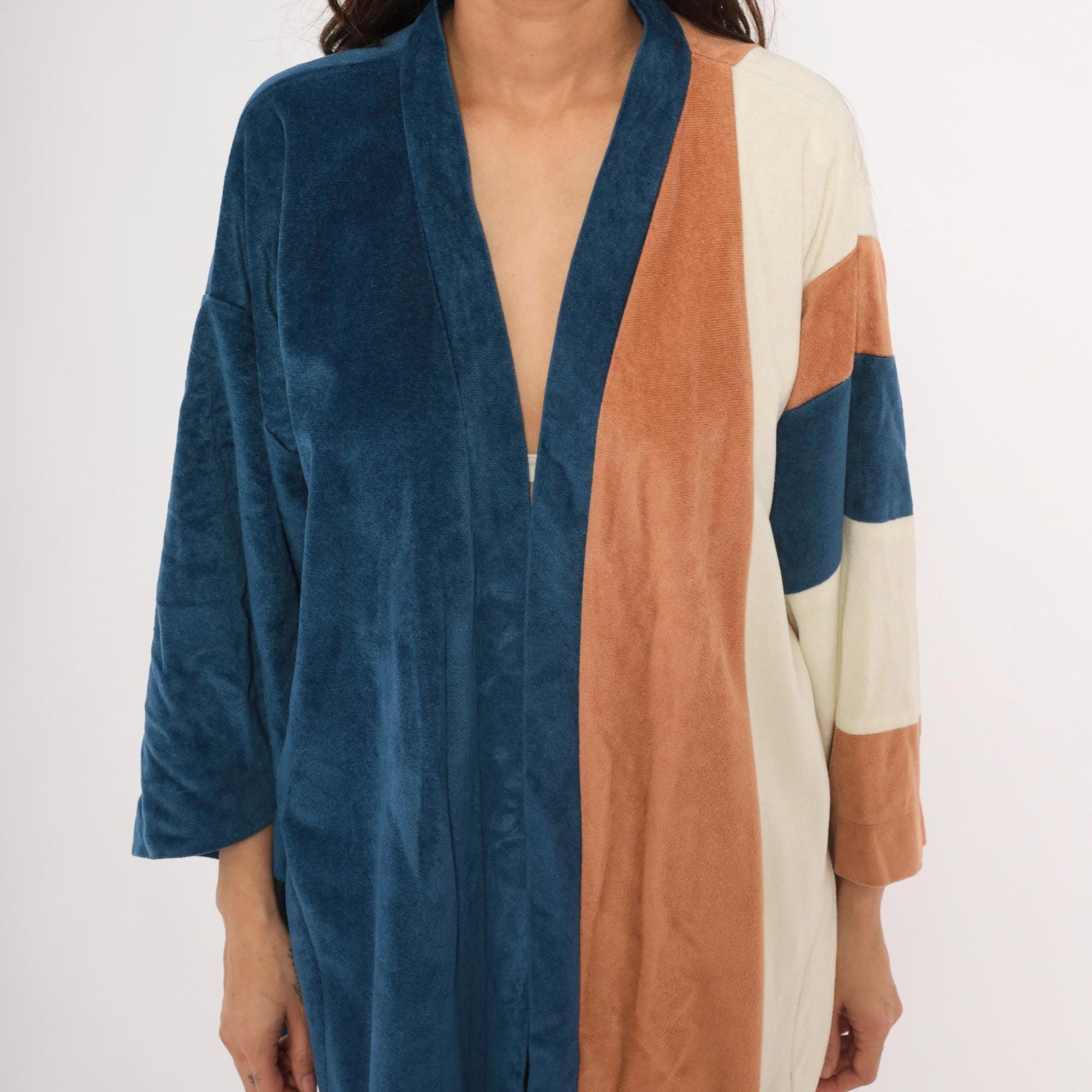 80s JCPenney Velour Kimono Robe Colorblock Navy Copper Cream One Size