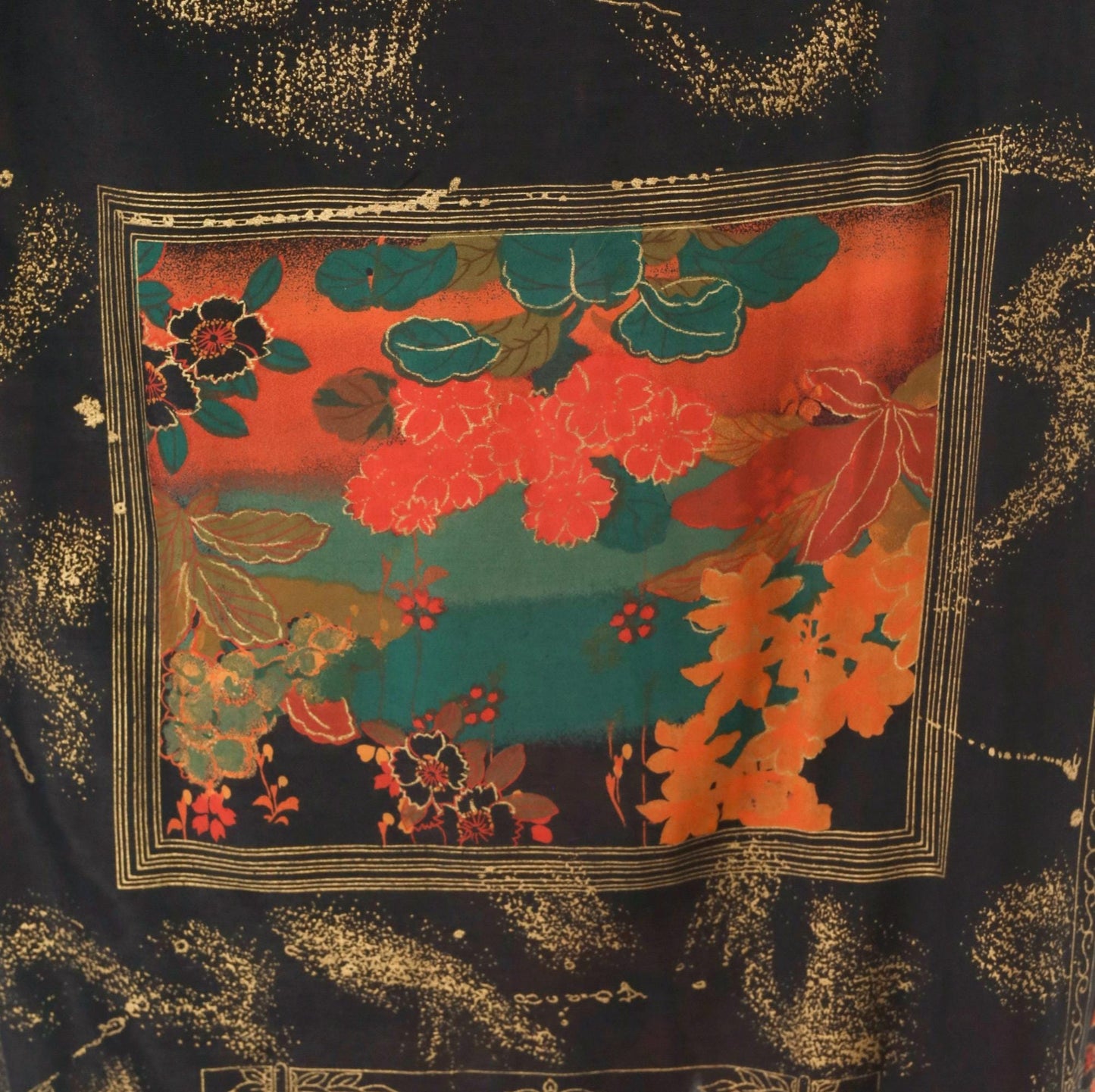 80s Japanese Floral Pencil Skirt Black Red Teal Gold Peonies Midi Medium Large