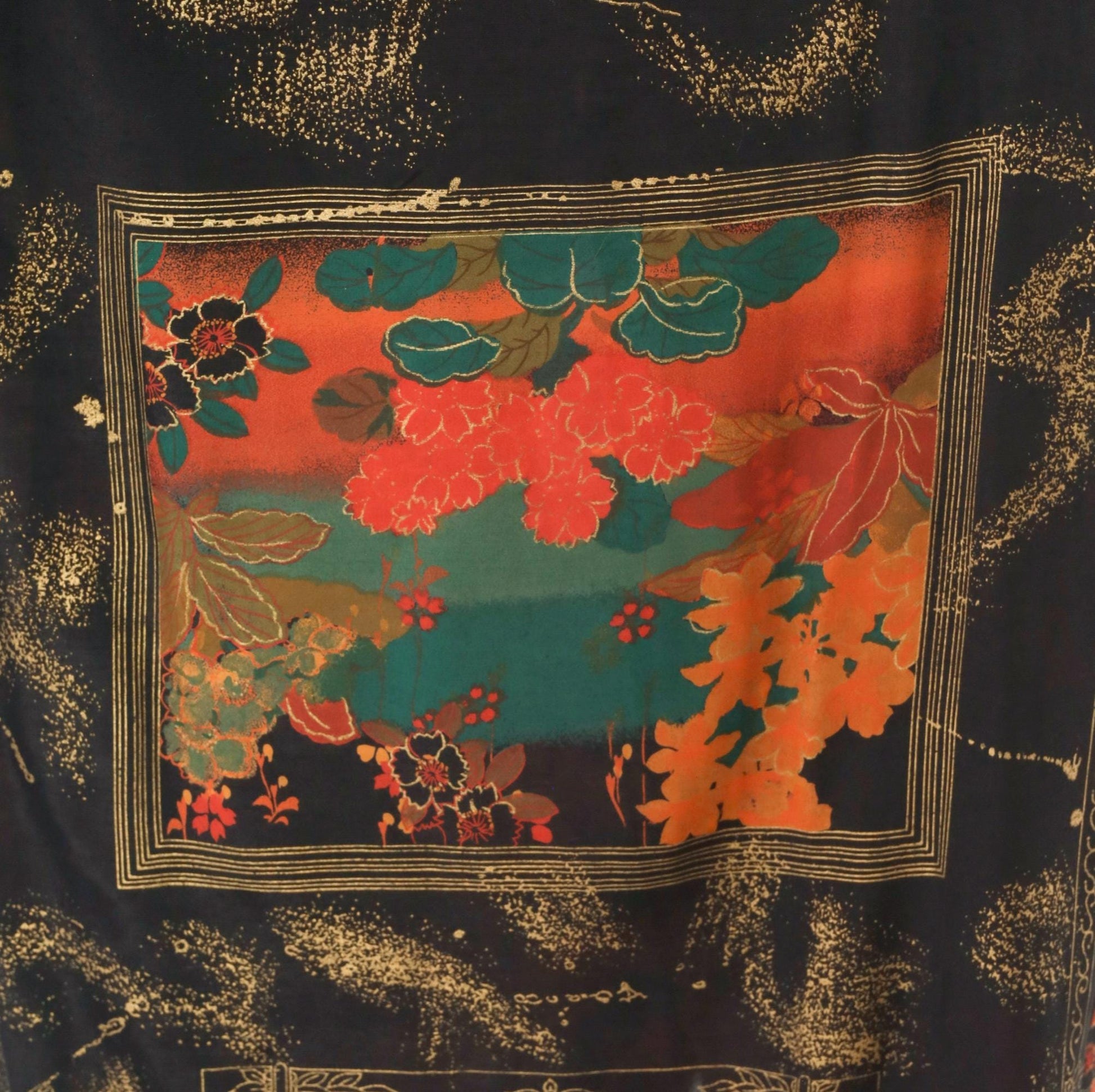 80s Japanese Floral Pencil Skirt Black Red Teal Gold Peonies Midi Medium Large