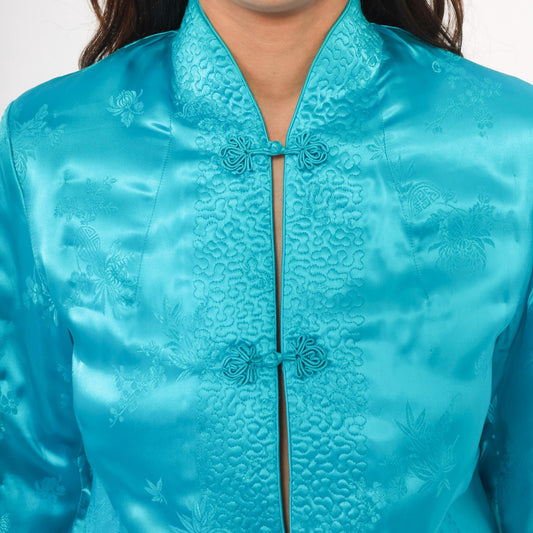 80s Peony Turquoise Silk Jacket Mandarin Collar Frog Button Floral Brocade Small S